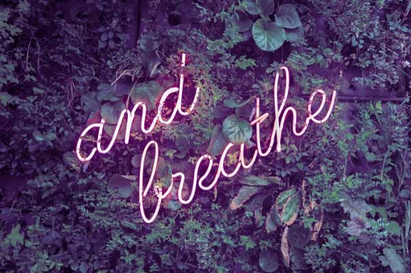 Neon sign that reads "and breathe." 